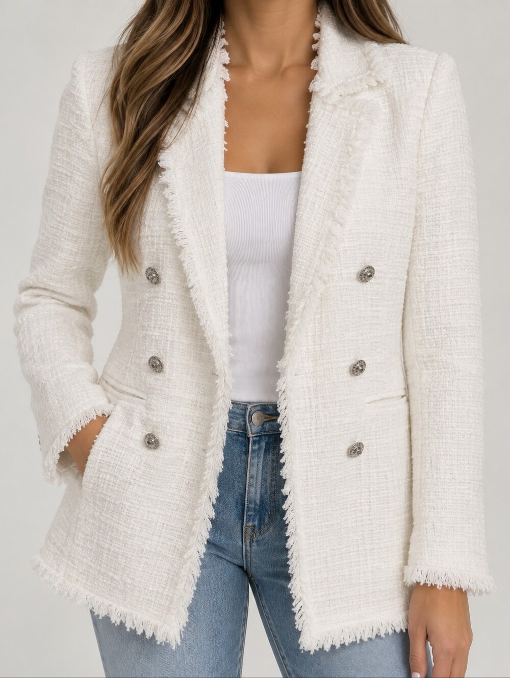 Carolina Belle White Frayed Tweed Double-Breasted Blazer